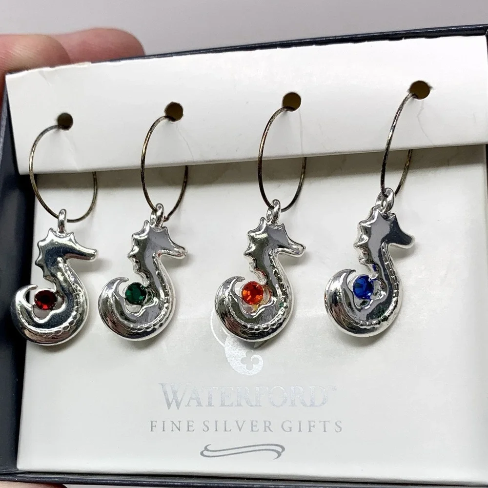 2 Sets of WATERFORD Fine Silver Gifts Seahorse Wine Charms - Sea Horse 2002